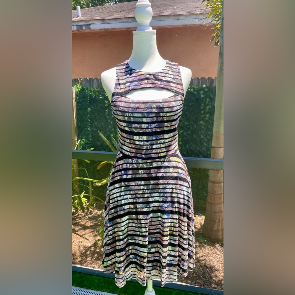 Black and Watercolor Floral and Striped Lace Dress. Fire Los Angeles. Size M.